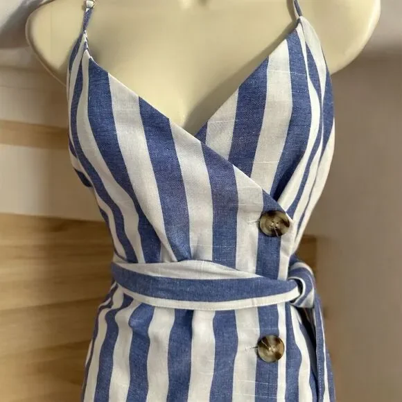 Davi & Dani Blue White Striped Sleeveless Waist Tie Belt Seam Pockets Wrap Dress - Picture 2 of 11